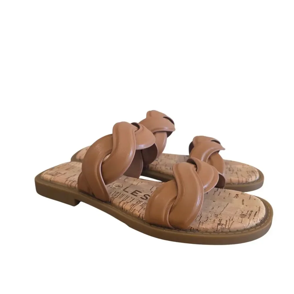 Aerosoles Colette Tan Faux Leather Double Twisted Strap Cork Slide Sandals 5.5